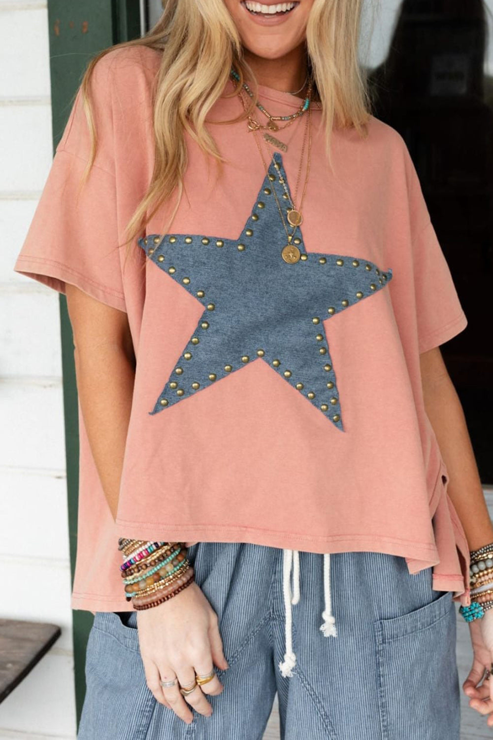 Apricot Pink Studded Star Patch Graphic High Low Tee Tops & Tees JT's Designer Fashion