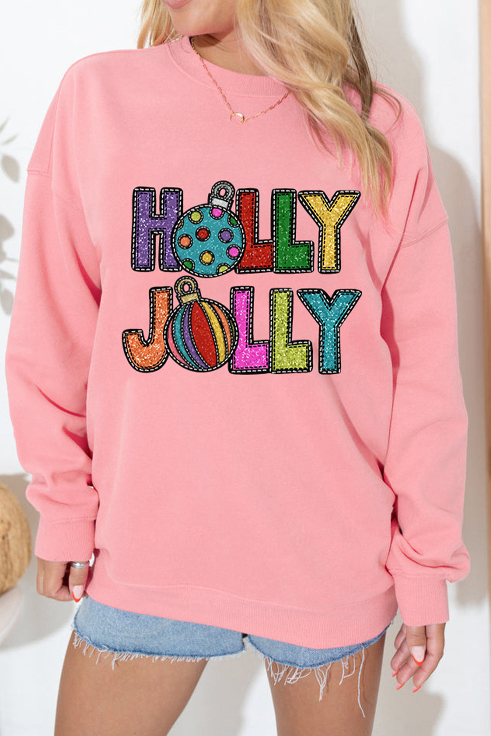 Pink HOLLY JOLLY Christmas Festive Letter Graphic Sweatshirt Graphic Sweatshirts JT's Designer Fashion