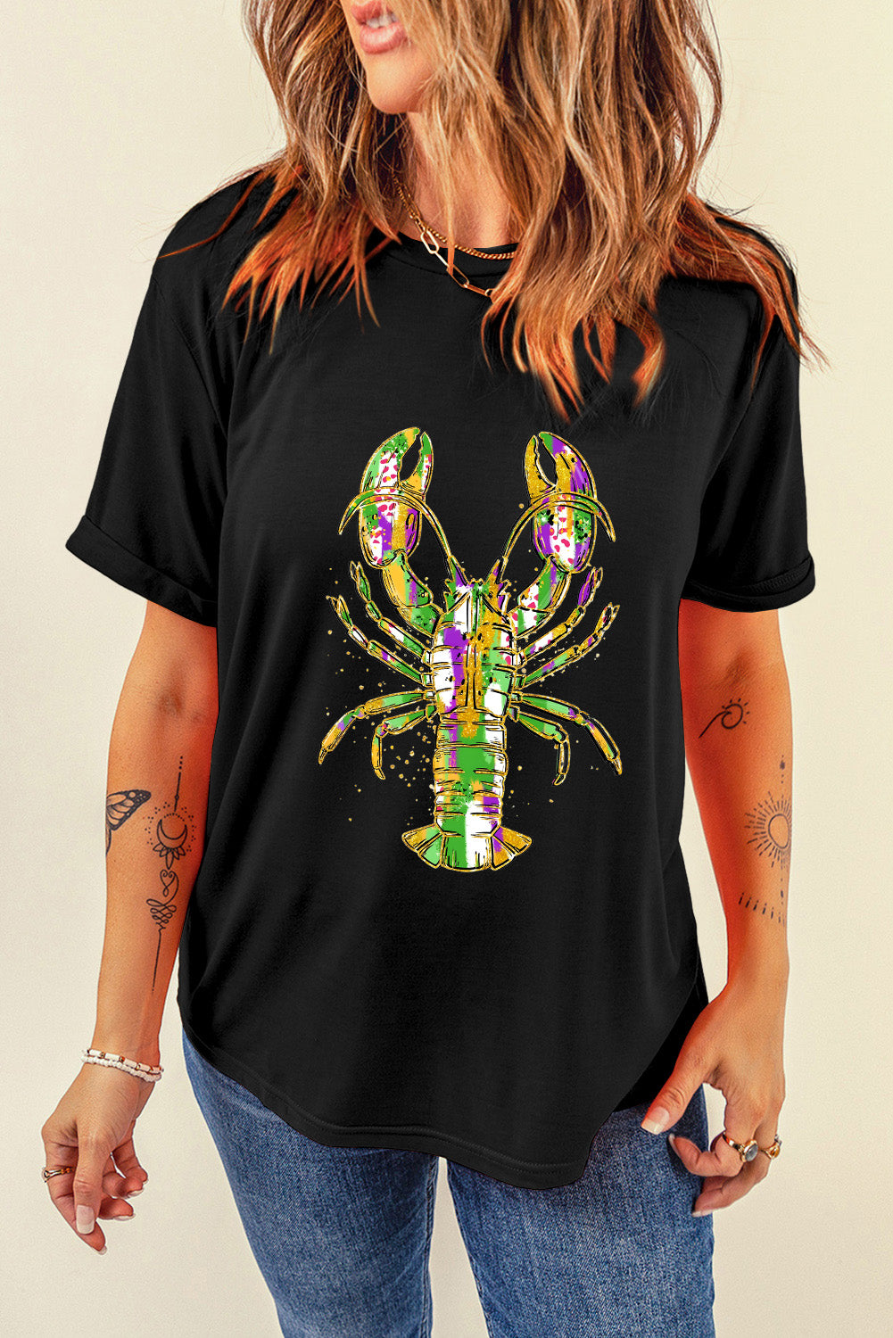 Black Mardi Gras Lobster Heat Transfer Graphic T Shirt Graphic Tees JT's Designer Fashion