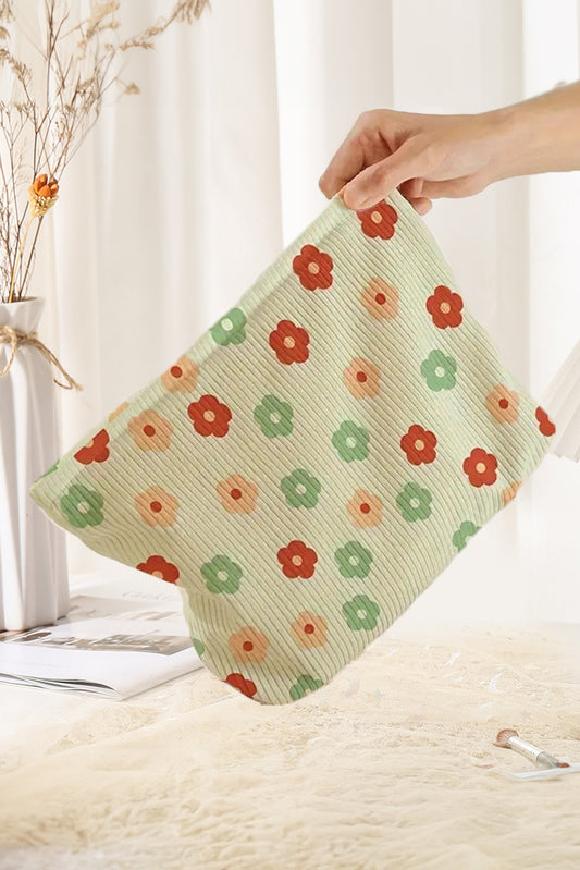 Clearly Aqua Flower Print Corduroy Zipper Makeup Storage Bag Makeup Bags JT's Designer Fashion