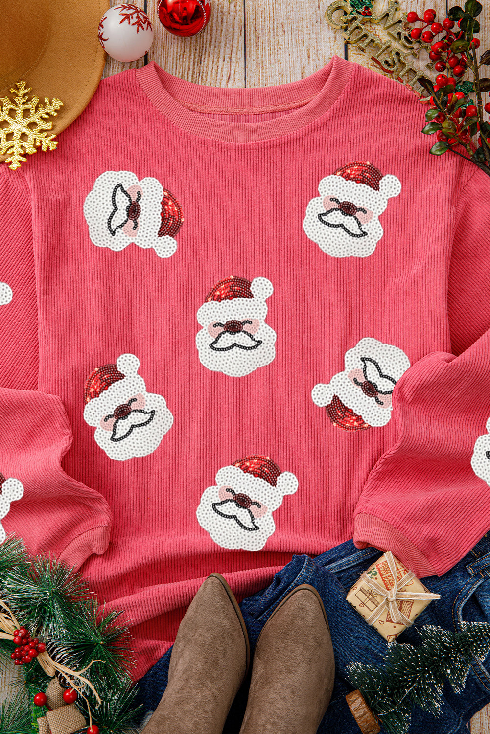 Strawberry Pink Sequin Santa Clause Christmas Corded Sweatshirt Graphic Sweatshirts JT's Designer Fashion