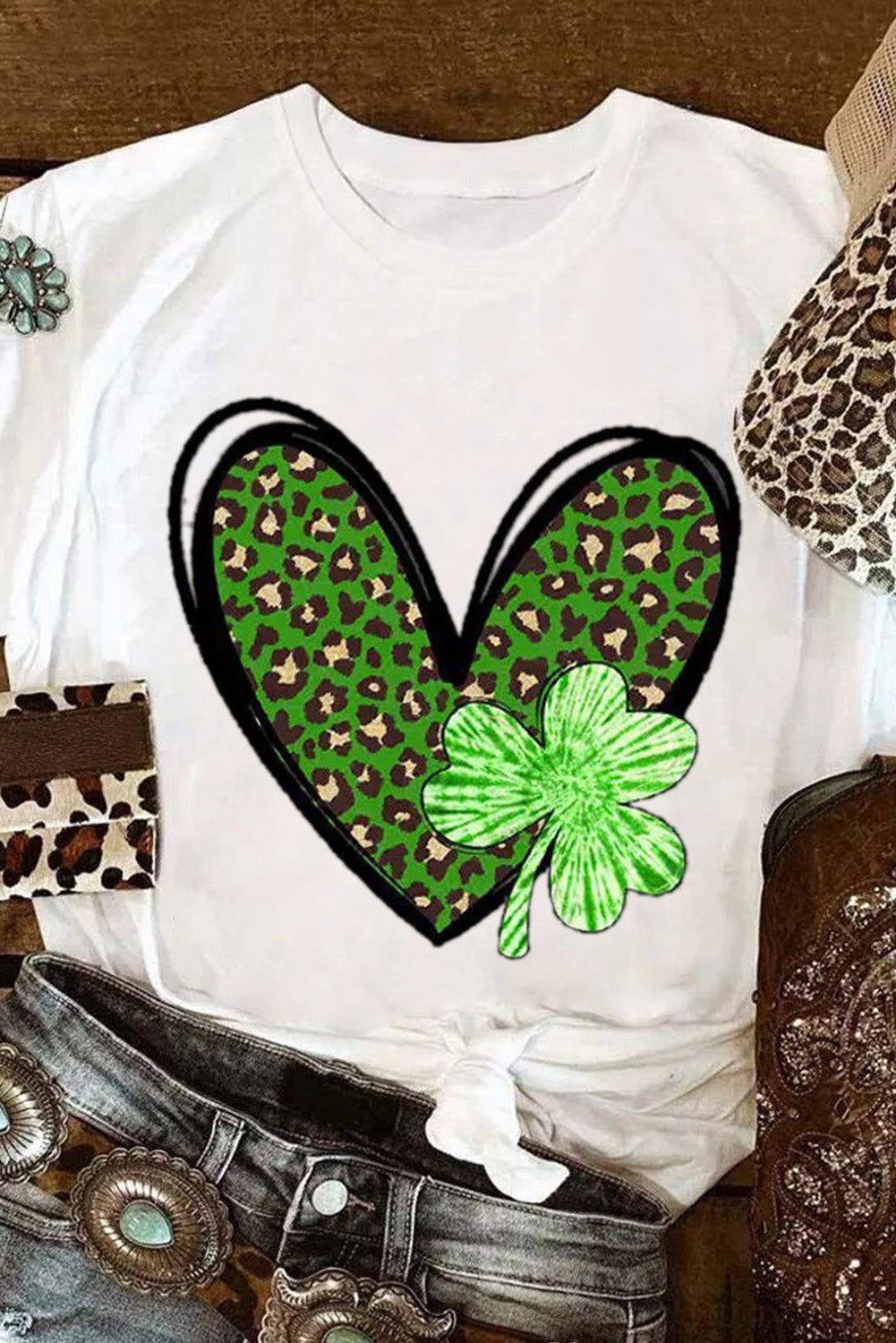 White Clover Leopard Heart Shaped Print Crewneck Graphic Tee White 95%Polyester+5%Elastane Graphic Tees JT's Designer Fashion