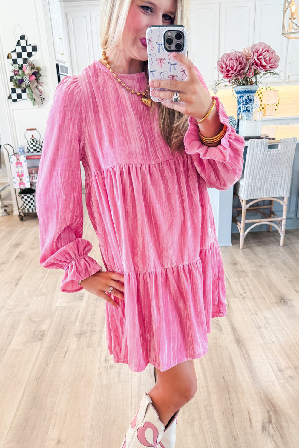 Strawberry Pink Flounce Sleeve Tiered Ruffled Velvet Mini Dress Mini Dresses JT's Designer Fashion