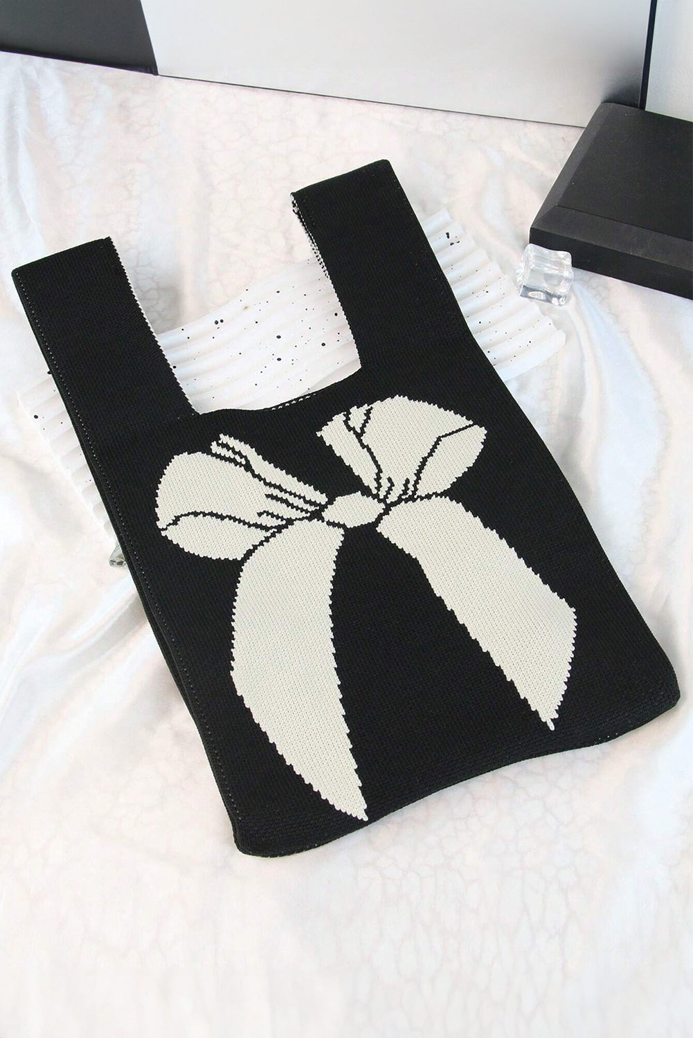 Black Colorblock Bowknot Pattern Knitted Hand Bag Handbags JT's Designer Fashion