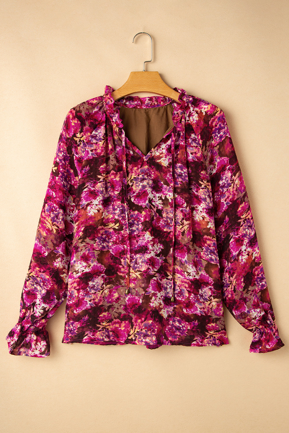 Rose Red Floral Allover Print Drawstring Ruffled V Neck Loose Blouse Blouses & Shirts JT's Designer Fashion