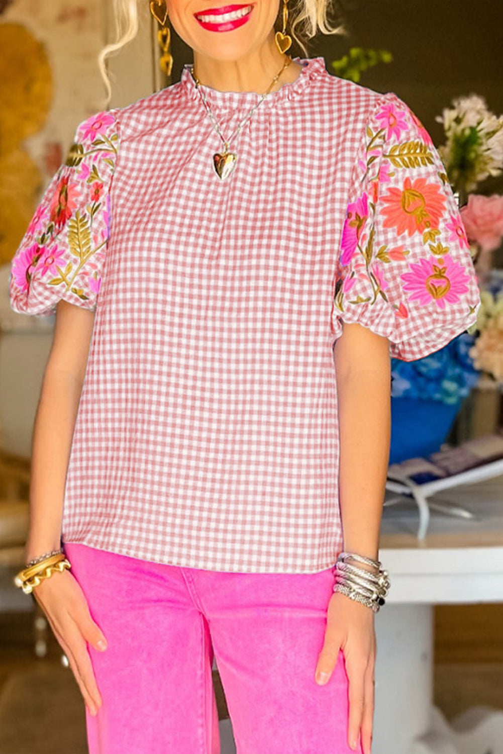 Pink Gingham Embroidered Puff Sleeve Blouse Tops & Tees JT's Designer Fashion