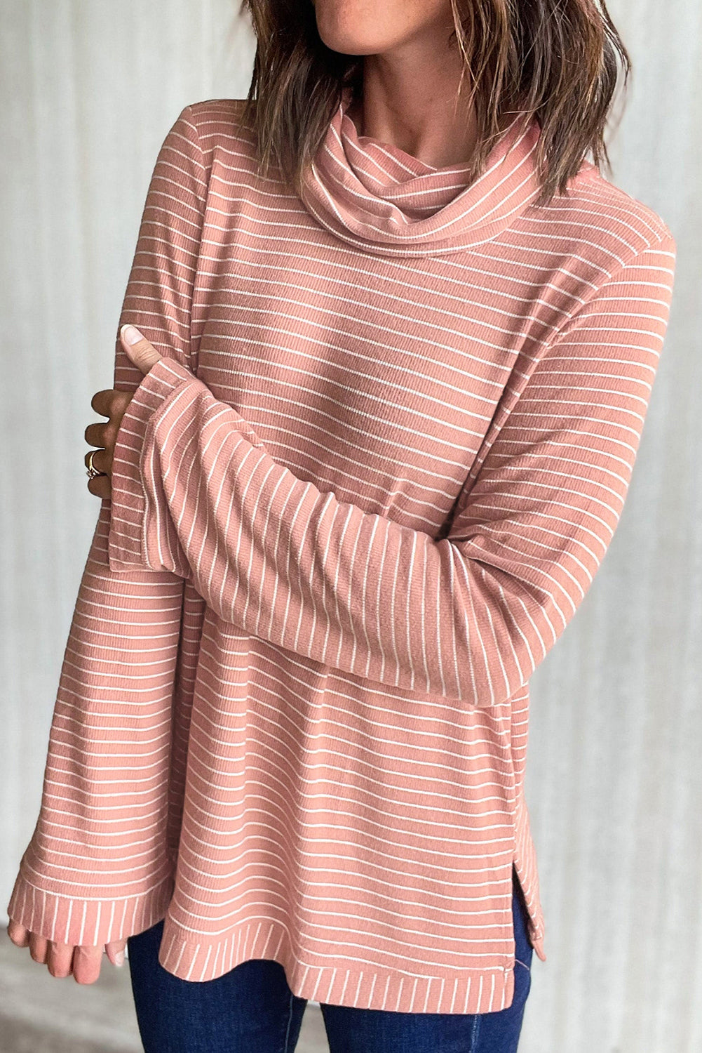 Pink Stripe Cowl Neck Side Slits Loose Fit Long Sleeve Top Long Sleeve Tops JT's Designer Fashion