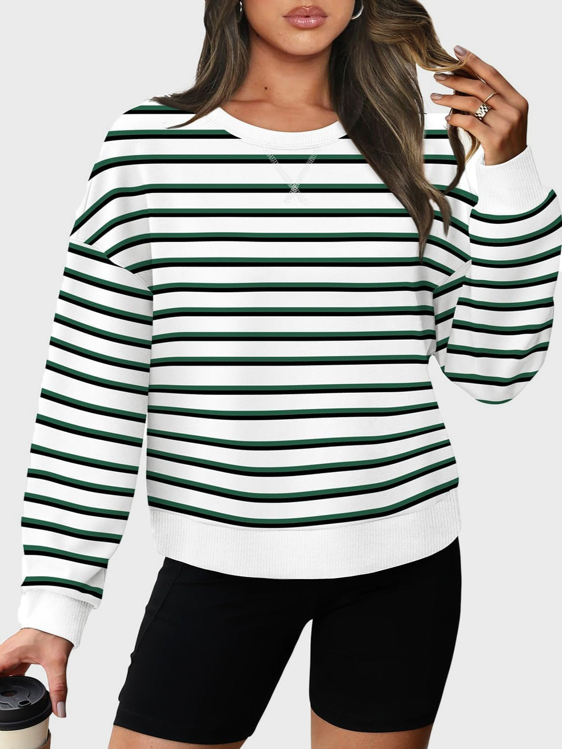 Striped Round Neck Long Sleeve Sweatshirt Dark Green Long Sleeve Tops JT's Designer Fashion