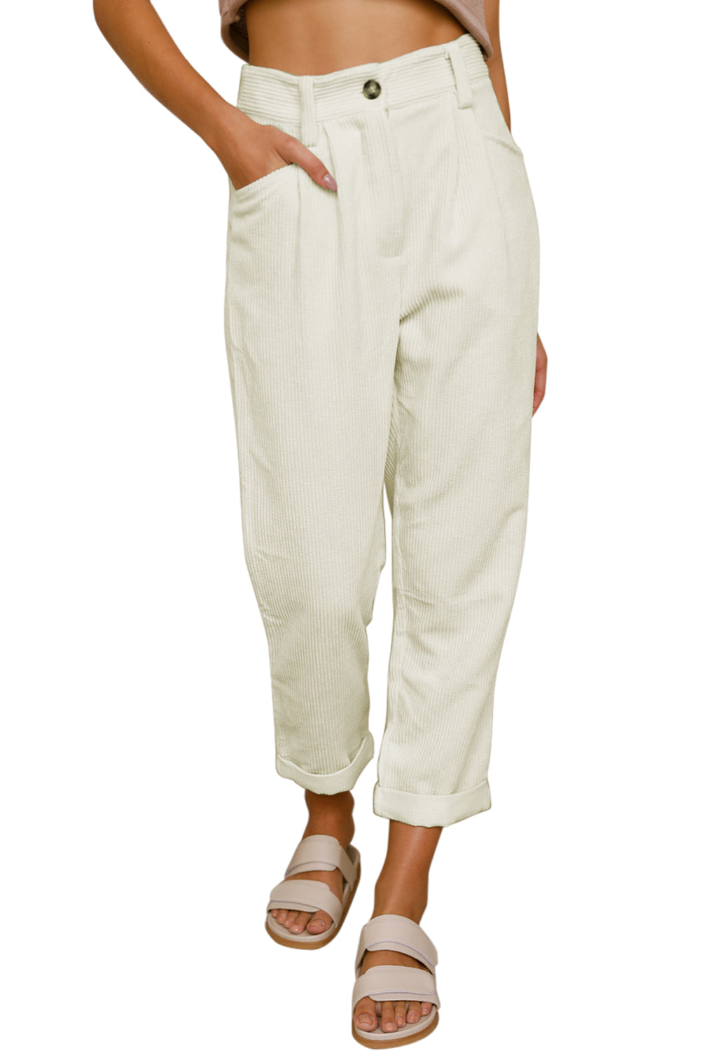 Beige Corduroy High Waist Straight Leg Pants Pants & Culotte JT's Designer Fashion