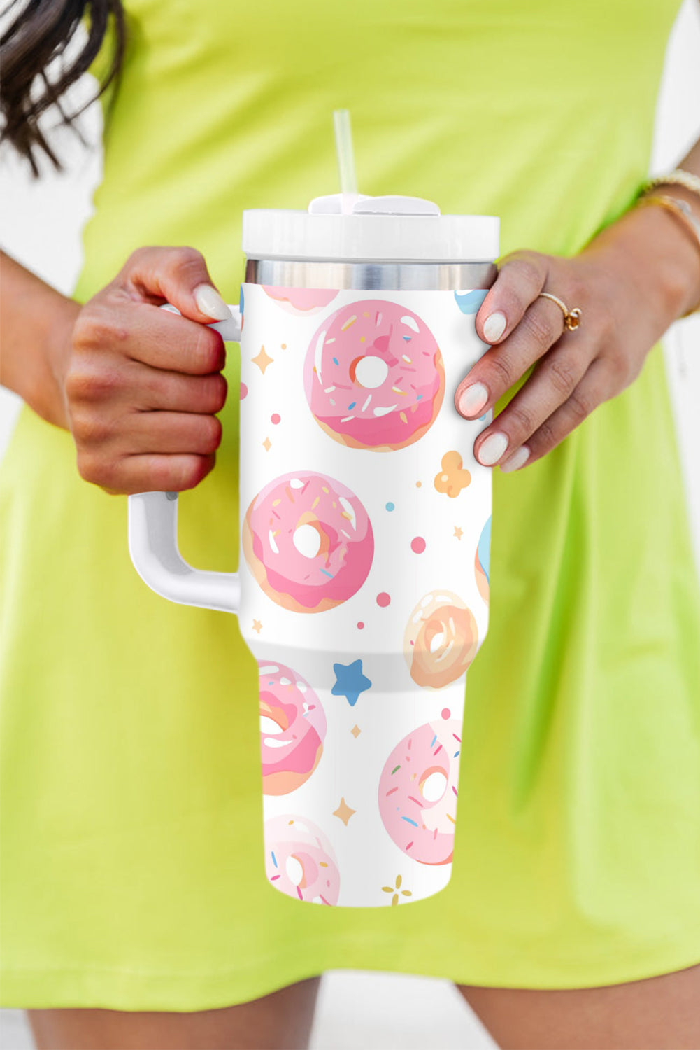 White Doughnut Pattern Stainless Vacuum Cup with Handle 40oz Tumblers JT's Designer Fashion