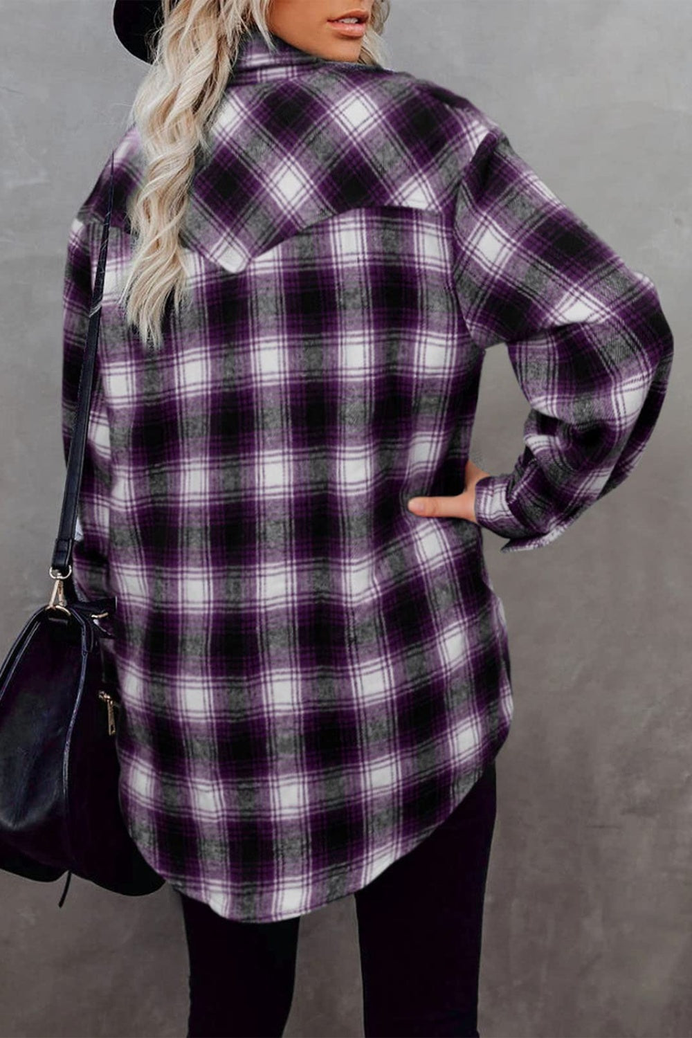 Full Size Plaid Collared Neck Long Sleeve Shirt Purple Long Sleeve Tops JT's Designer Fashion