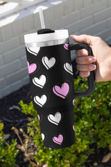 Black Valentines Heart Printed Thermos Cup with Handle Tumblers JT's Designer Fashion