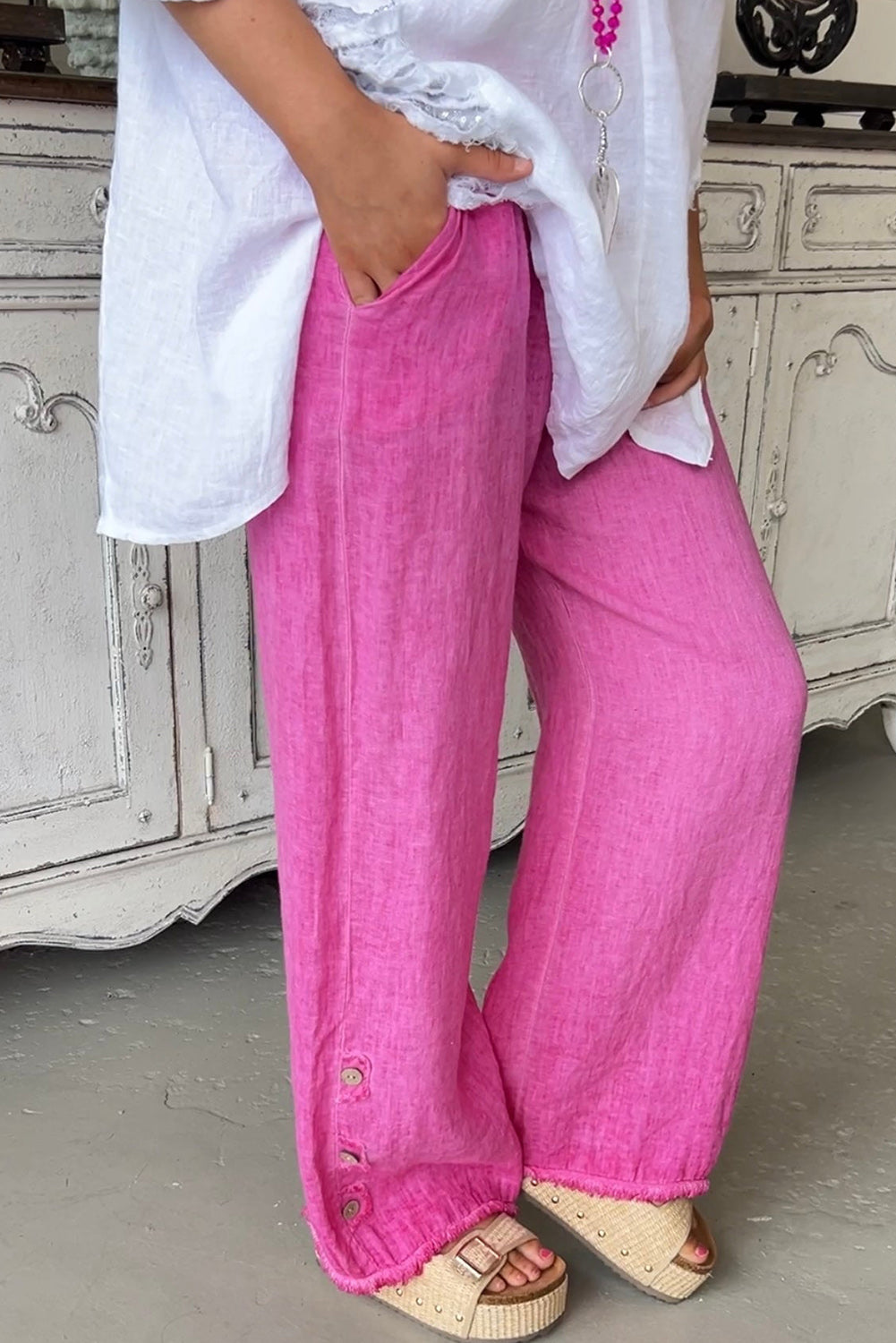 Bright Pink Button Frayed Wide Leg Cotton Linen Pants Bottoms JT's Designer Fashion