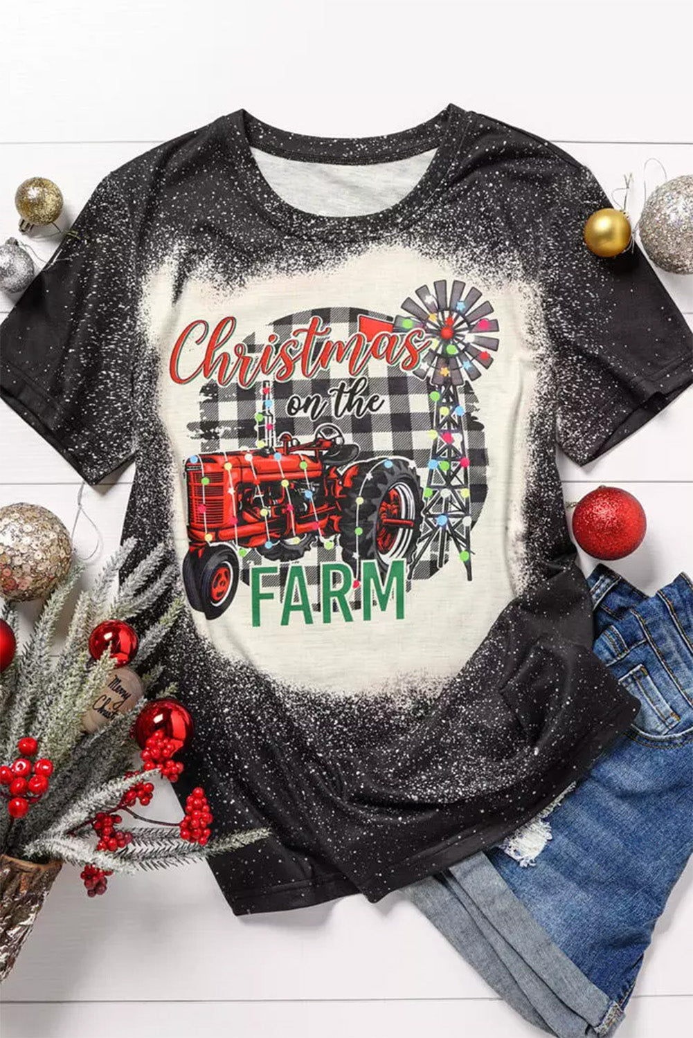 Black Christmas Farm Graphic Bleached T-shirt Graphic Tees JT's Designer Fashion