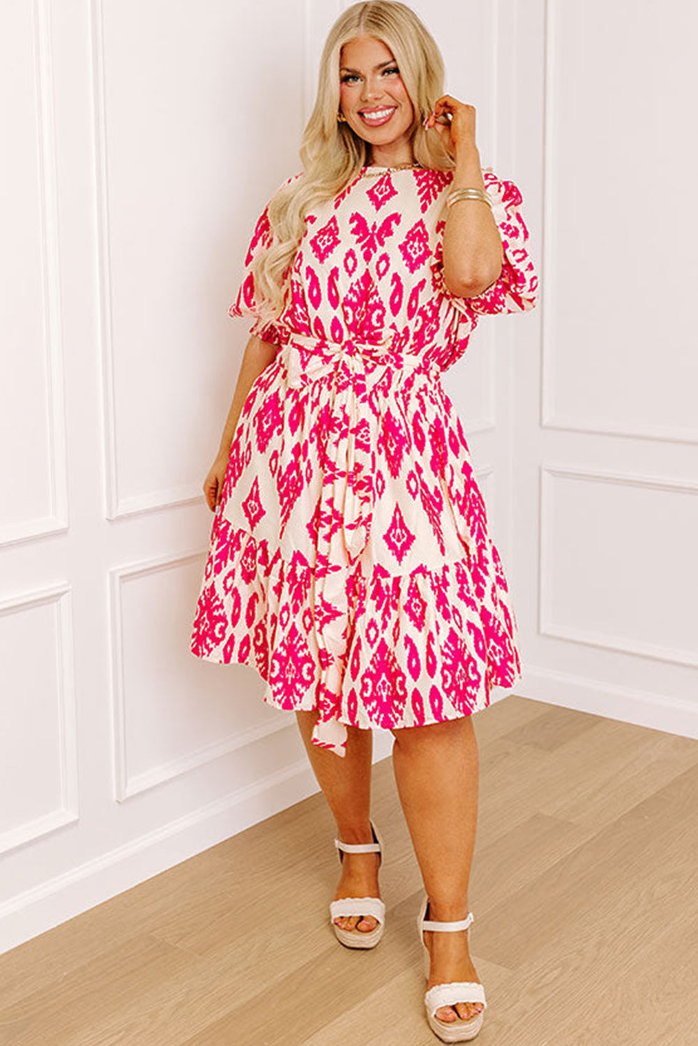 Pink Printed Plus Size Button Keyhole Belted Ruffle Dress Plus Size JT's Designer Fashion