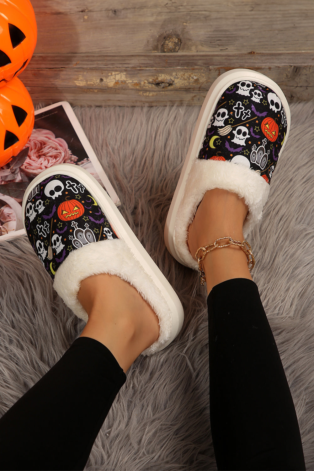 Black Halloween Pumpkin Ghost Print Plush Home Slippers Slippers JT's Designer Fashion