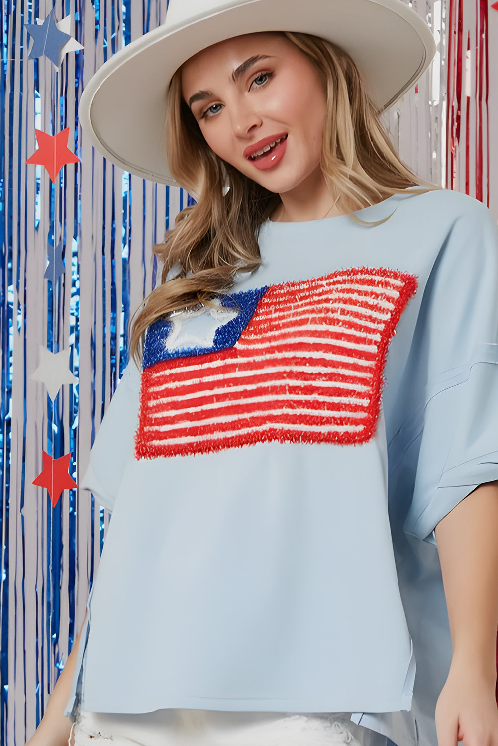 Beau Blue Tinsel American Flag Embroidered Oversize T-shirt Tops & Tees JT's Designer Fashion