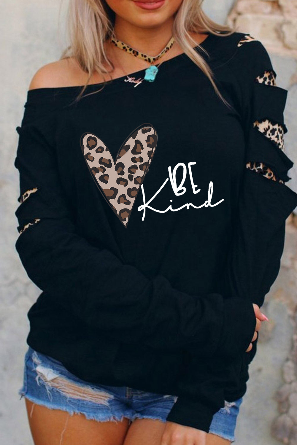 Be Kind Leopard Heart Print Cut Out Long Sleeve Sweatshirt Graphic Sweatshirts JT's Designer Fashion