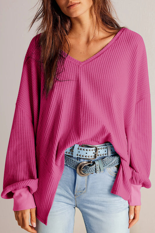 Bright Pink Waffle V Neck Long Sleeve Drop Shoulder Loose Blouse Blouses & Shirts JT's Designer Fashion