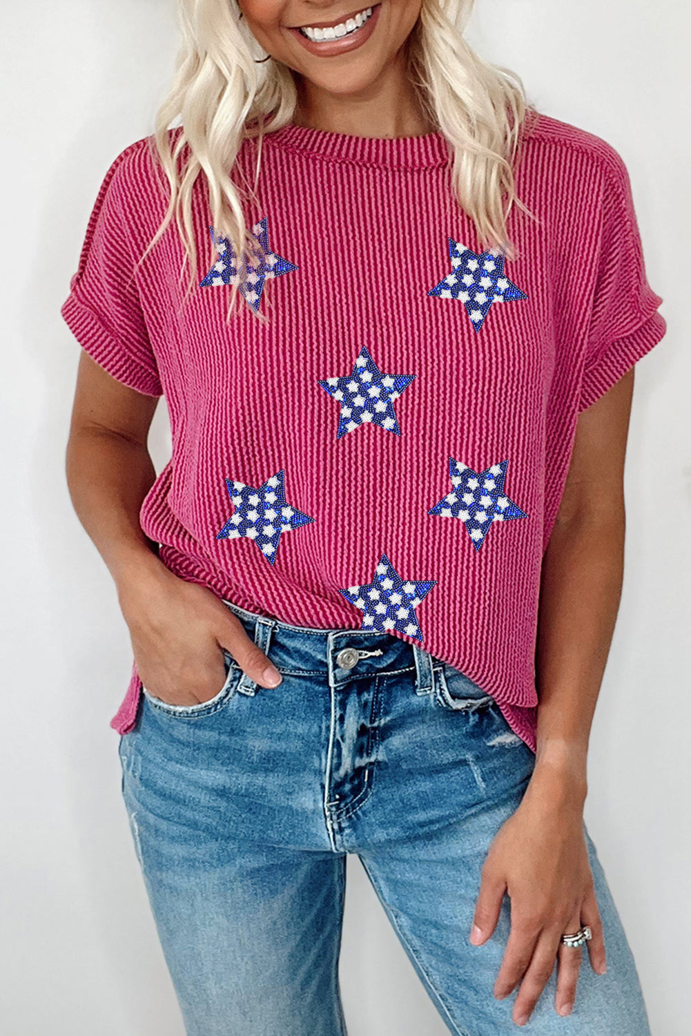 Rose Red Sequin Star Graphic Corded Side Split Patriotic T Shirt Graphic Tees JT's Designer Fashion