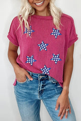 Rose Red Sequin Star Graphic Corded Side Split Patriotic T Shirt Graphic Tees JT's Designer Fashion