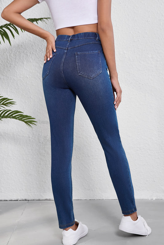 Ashleigh Blue Multiple Pockets Straight Leg Washed Stretchy Knit Casual Jeans Jeans JT's Designer Fashion