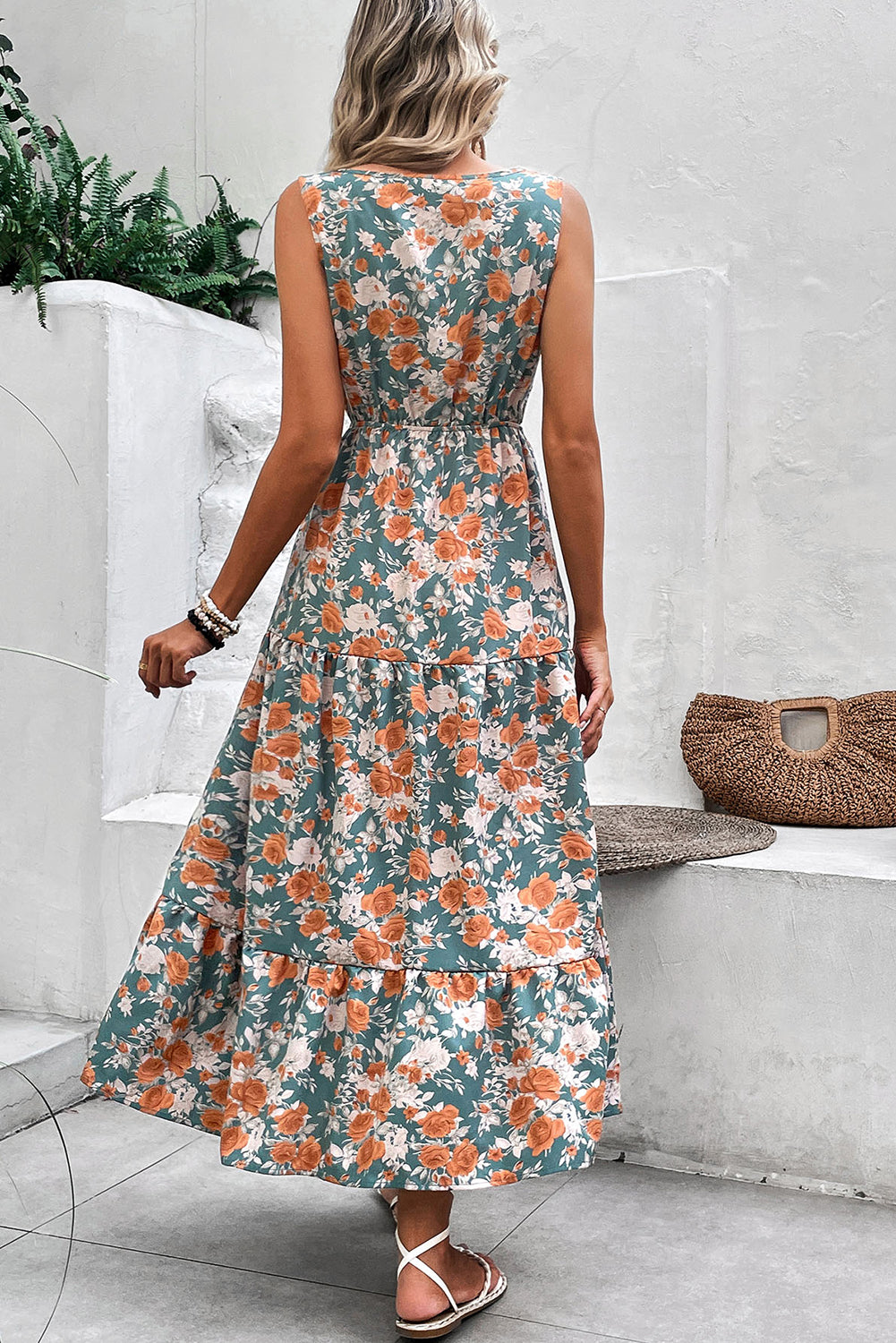 Green Floral Print Trimmed V Neck Tie Waist Sleeveless Holiday Long Dress Maxi Dresses JT's Designer Fashion