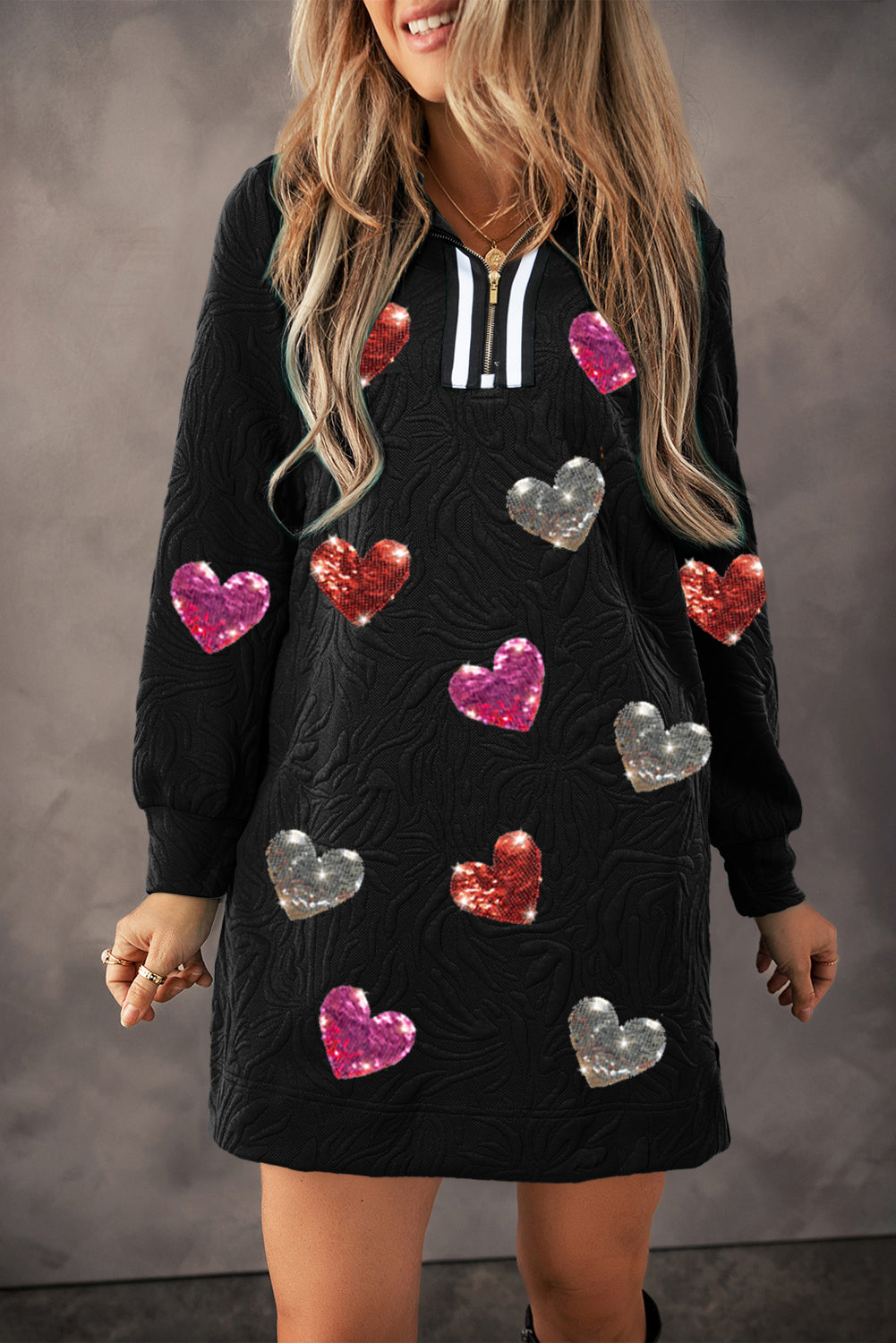 Black Textured Heart Patched Graphic Bracelet Sleeve Quarter Zip Collar Mini Dress Graphic Dresses JT's Designer Fashion