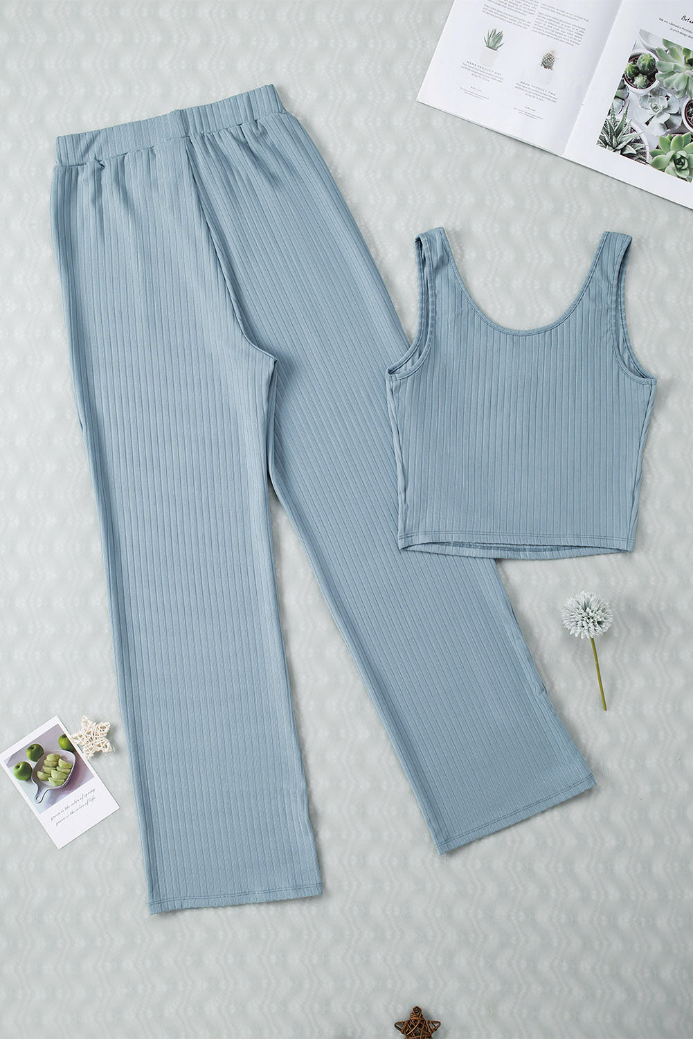 Blue Ribbed Crop Tank Drawstring Lounge Pants Set Pant Sets JT's Designer Fashion