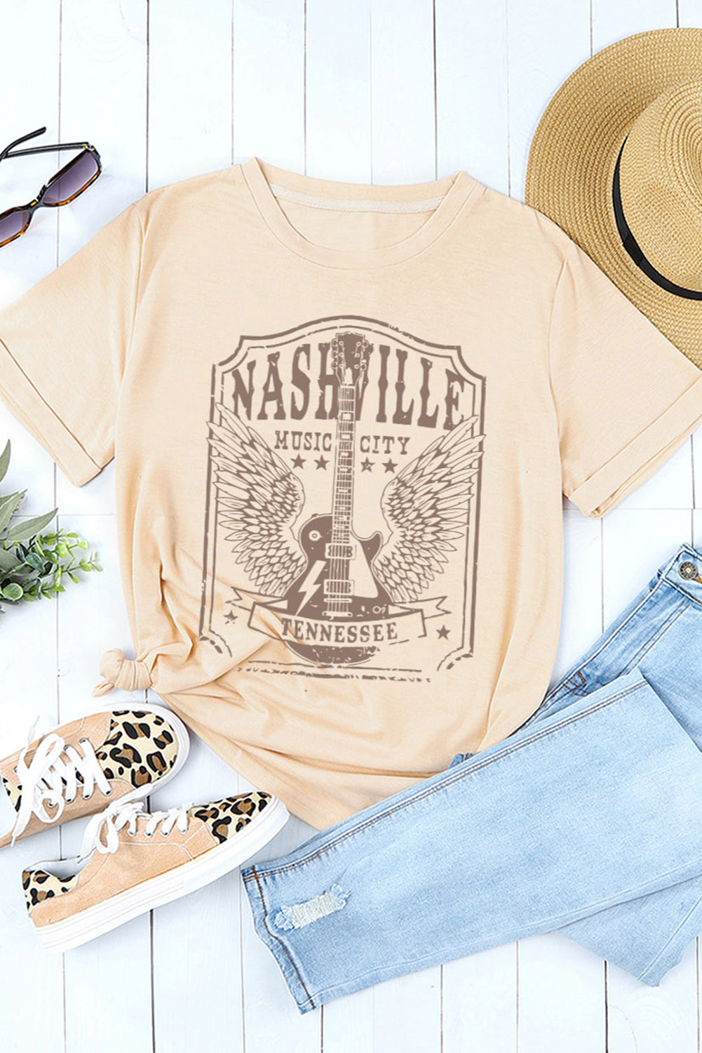 Khaki NASHVILLE MUSIC CITY Guitar Graphic T Shirt Graphic Tees JT's Designer Fashion