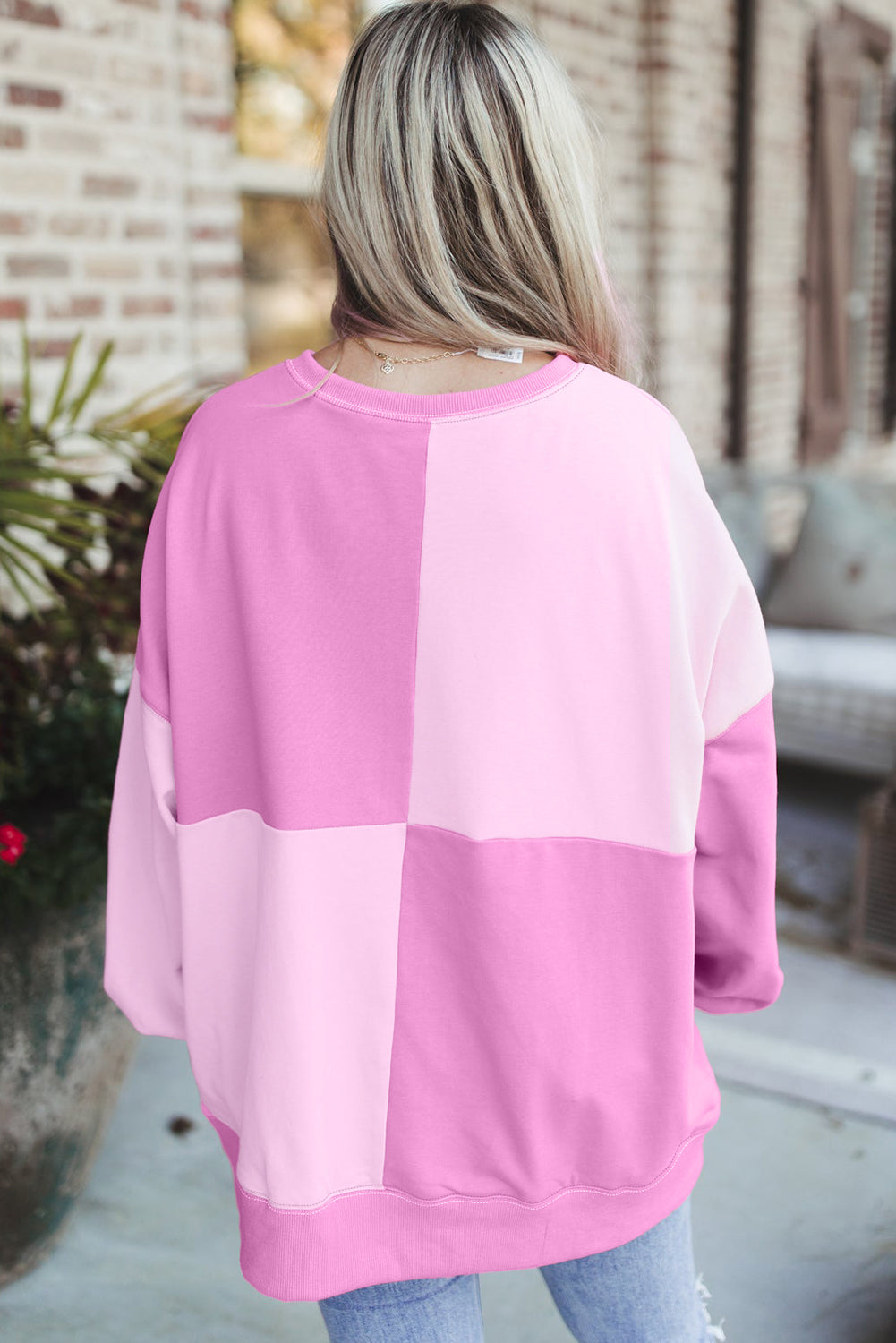 Pink Colorblock Henley High Low Oversize Sweatshirt Sweatshirts & Hoodies JT's Designer Fashion