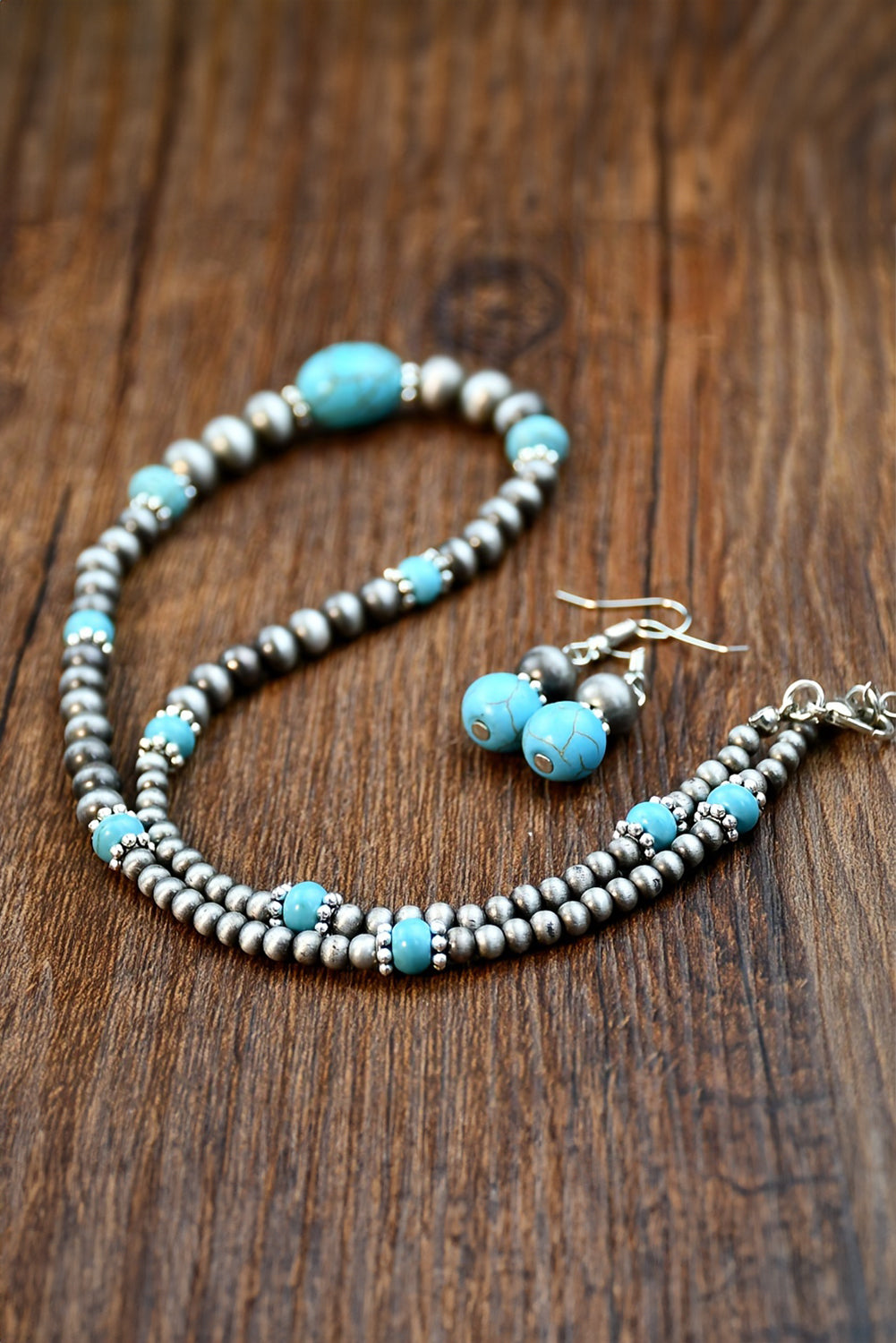 Silvery Western Turquoise Beaded Necklace and Earring Set Jewelry JT's Designer Fashion