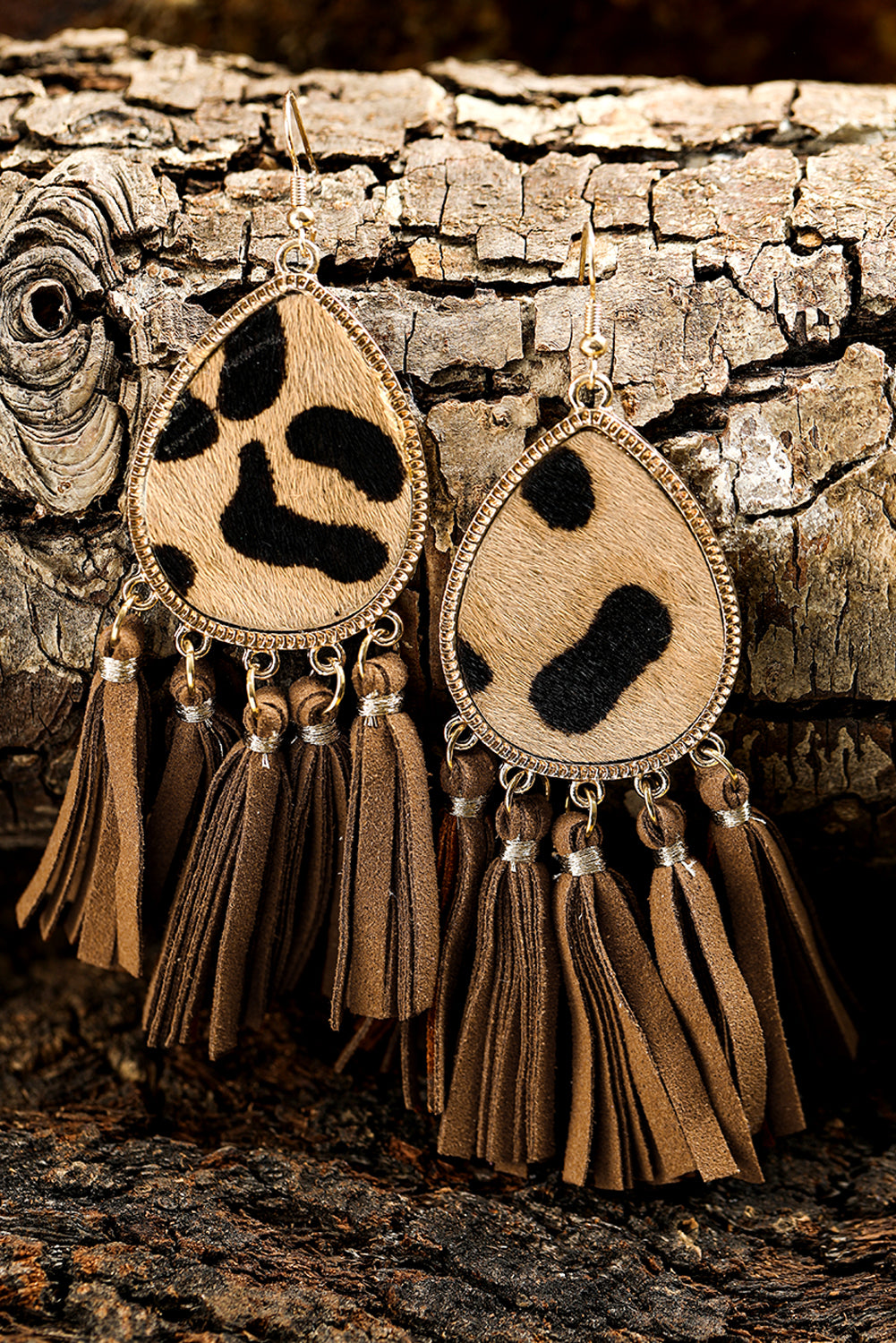 honey gold Boho Leopard Print Tasseled Hook Earrings Jewelry JT's Designer Fashion