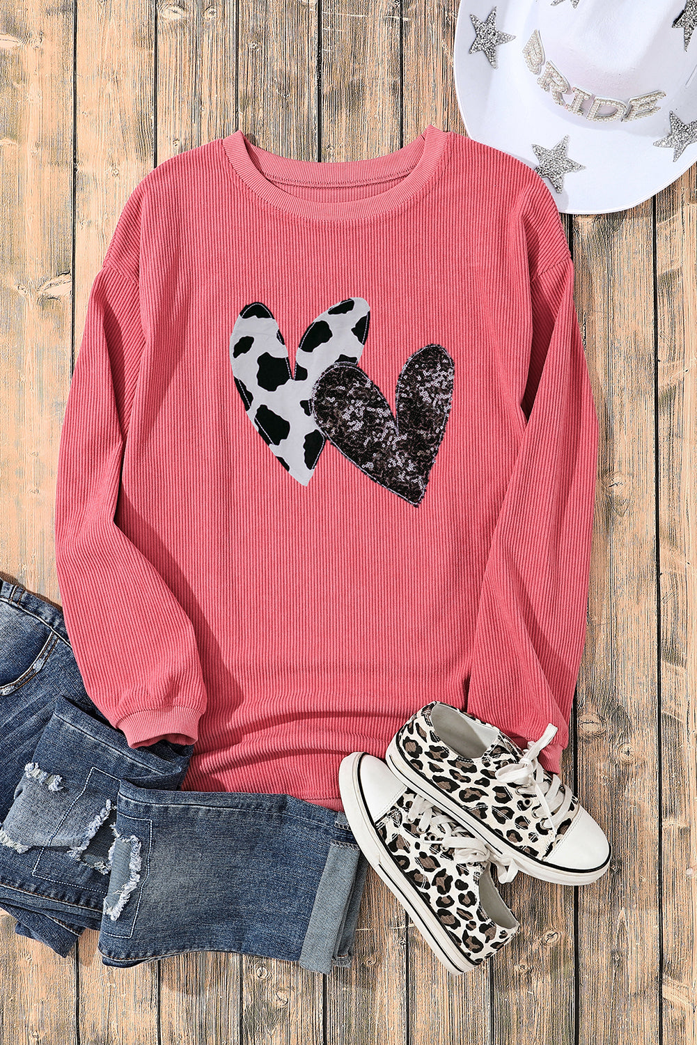 Strawberry Pink Leopard Sequin Heart Graphic Corded Sweatshirt Graphic Sweatshirts JT's Designer Fashion