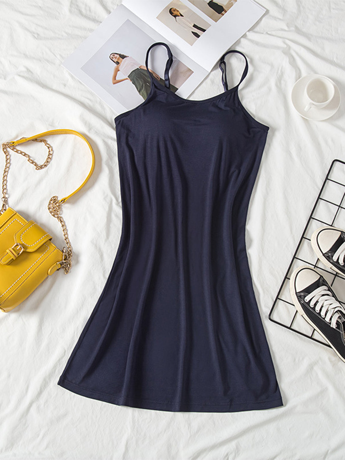 Round Neck Spaghetti Strap Cami Dress with Bra Dark Navy Mini Dresses JT's Designer Fashion