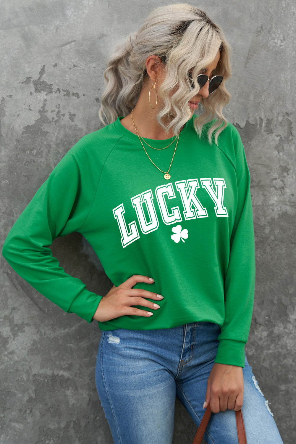 Green St. Patricks LUCKY Clover Print Raglan Sleeve Sweatshirt Graphic Sweatshirts JT's Designer Fashion