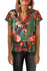 Green Abstract Print Notch V Neck Belted Blouse Blouses & Shirts JT's Designer Fashion