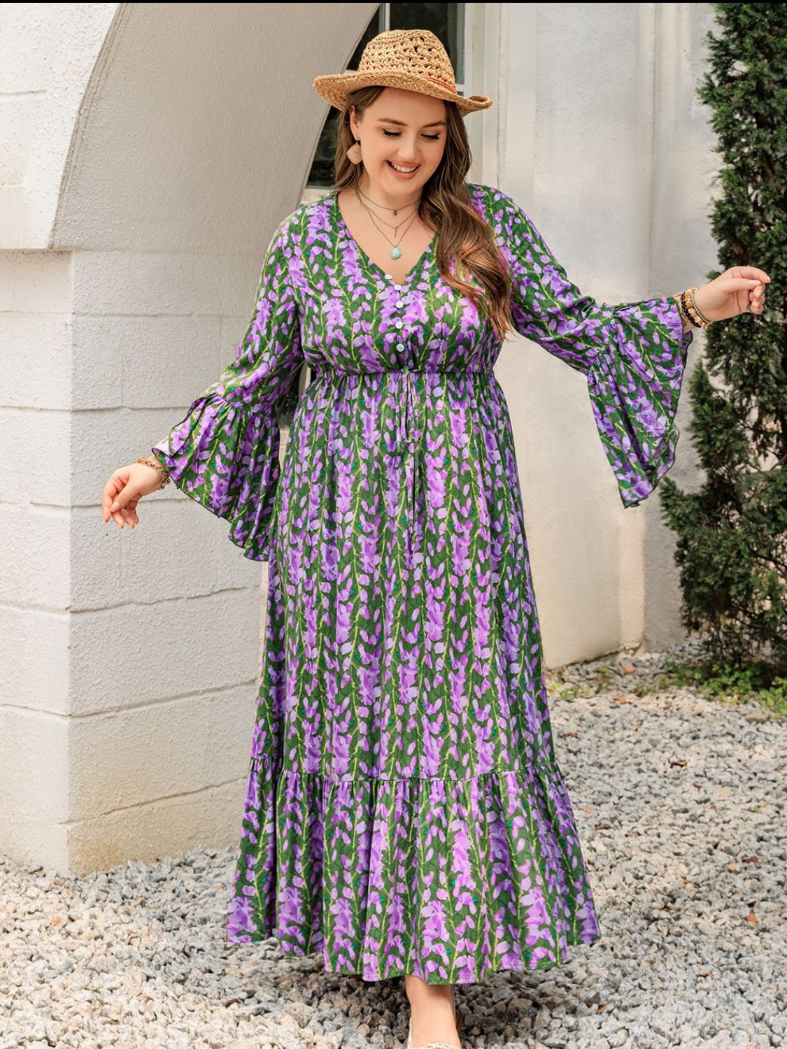 Plus Size Printed V-Neck Long Sleeve Maxi Dress Maxi Dresses JT's Designer Fashion