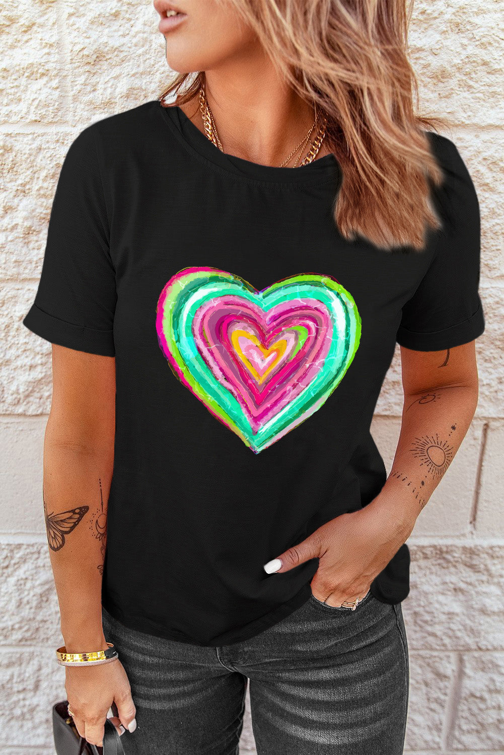 Black Valentine Heart Shaped Print Crew Neck T Shirt Graphic Tees JT's Designer Fashion