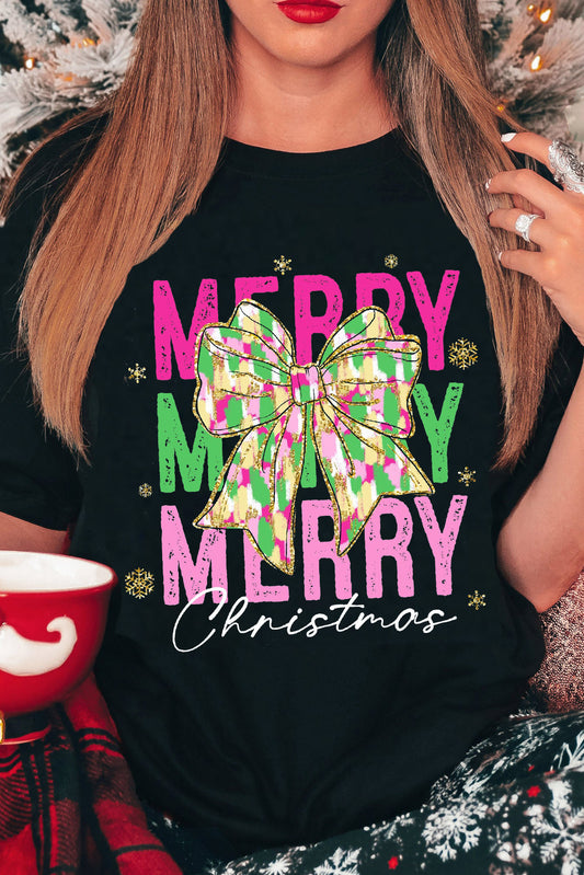 Black Merry Christmas Brushwork Bow Printed T Shirt Graphic Tees JT's Designer Fashion