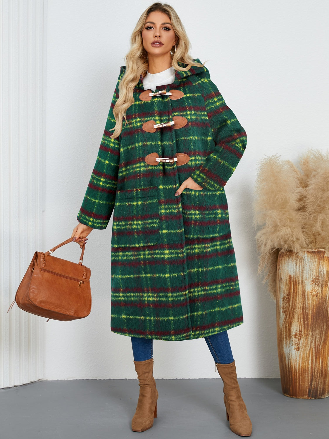 Plaid Long Sleeve Hooded Coat with Pockets Long Sleeve Tops JT's Designer Fashion