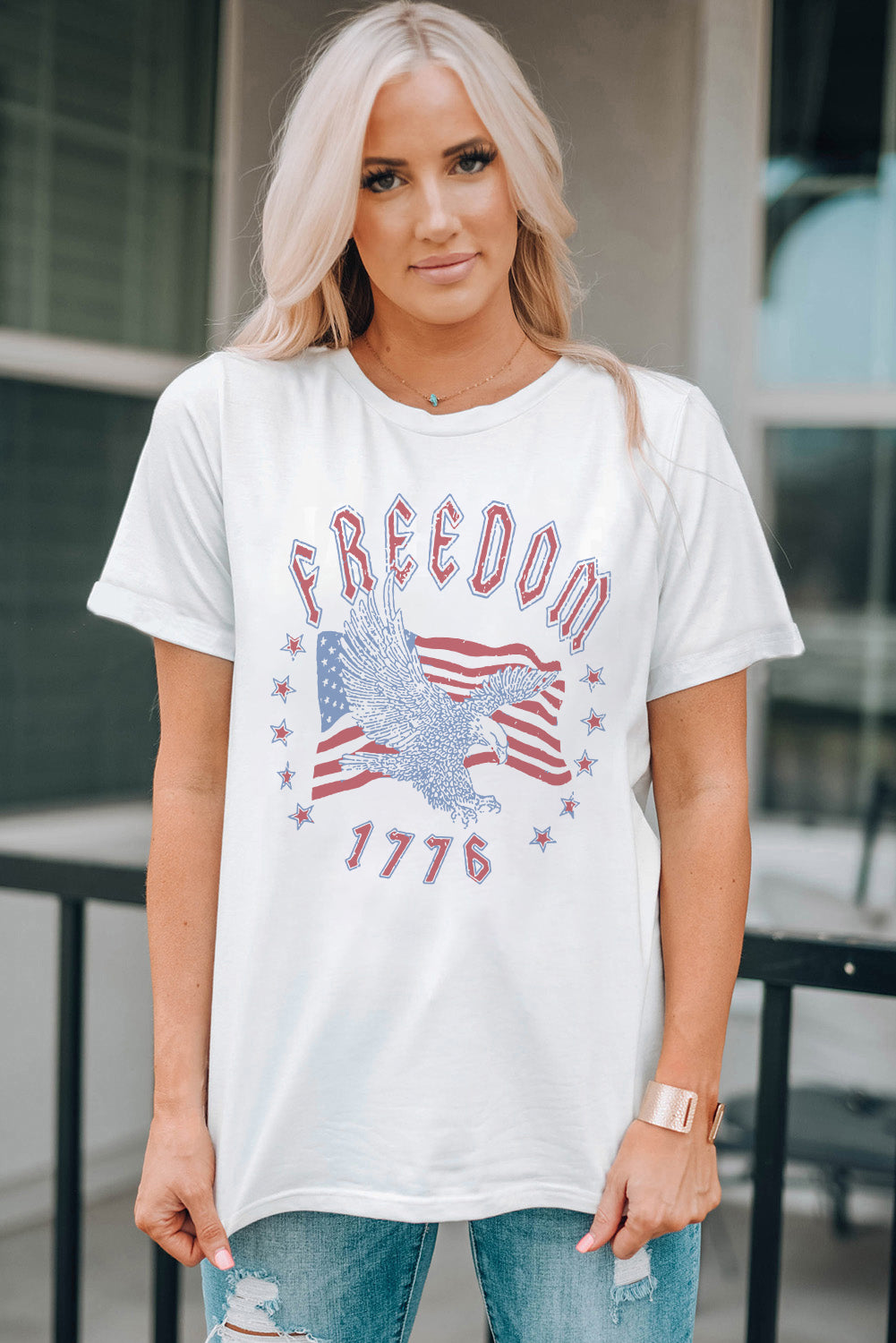 White FREEDOM Eagle Flag Print 1776 Graphic Tee Graphic Tees JT's Designer Fashion