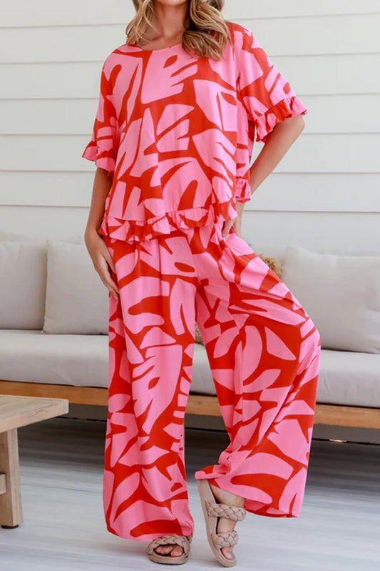 Strawberry Pink Abstract Palm Printed Ruffled Top and Wide Leg Pants Set Pant Sets JT's Designer Fashion