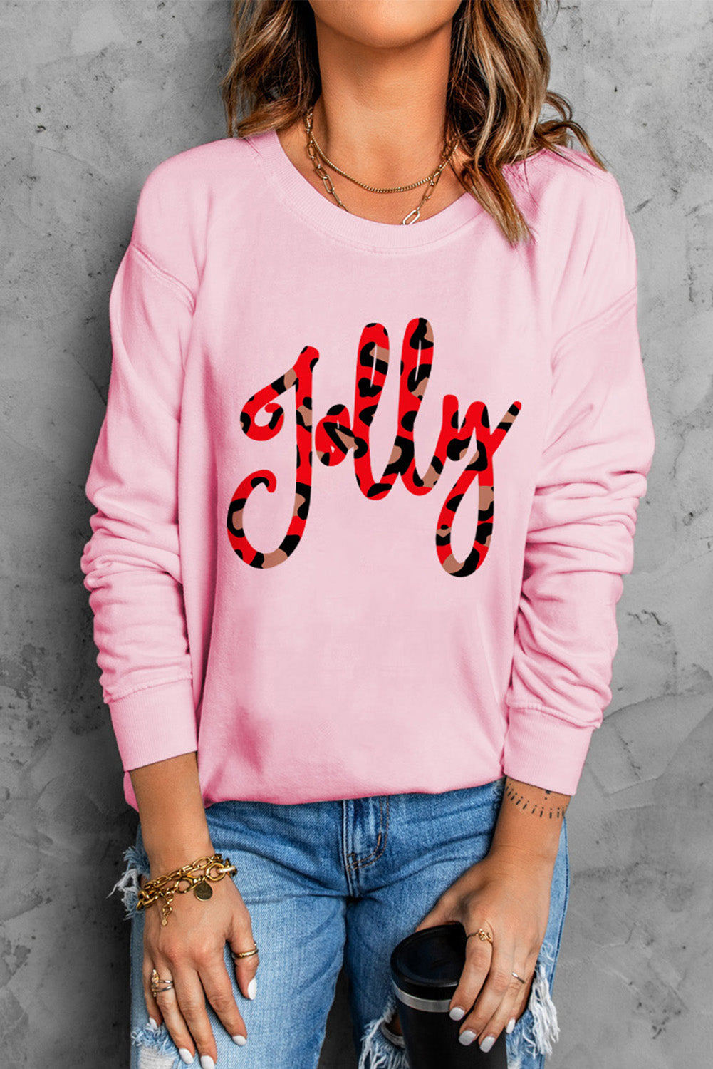 Pink Leopard Shading Jolly Letter Print Sweatshirt Graphic Sweatshirts JT's Designer Fashion