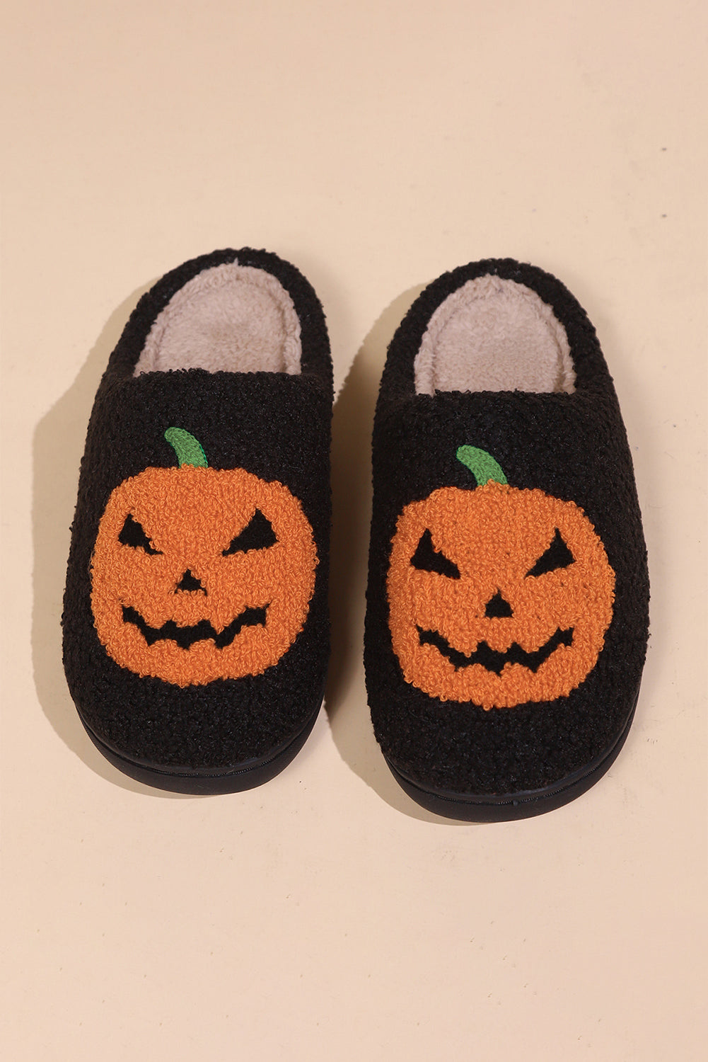 Black Halloween Pumpkin Print Plush Slippers Slippers JT's Designer Fashion