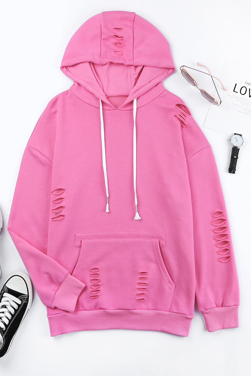 Pink Solid Ripped Hooded Sweatshirt with Kangaroo Pocket Sweatshirts & Hoodies JT's Designer Fashion