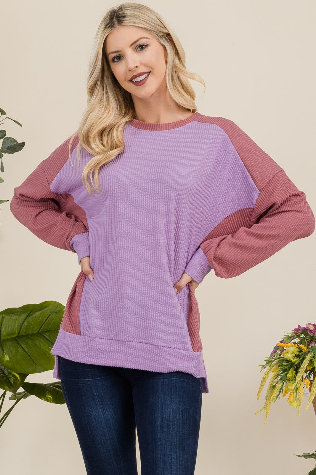 Full Size High-Low Contrast Round Neck Sweatshirt Long Sleeve Tops JT's Designer Fashion