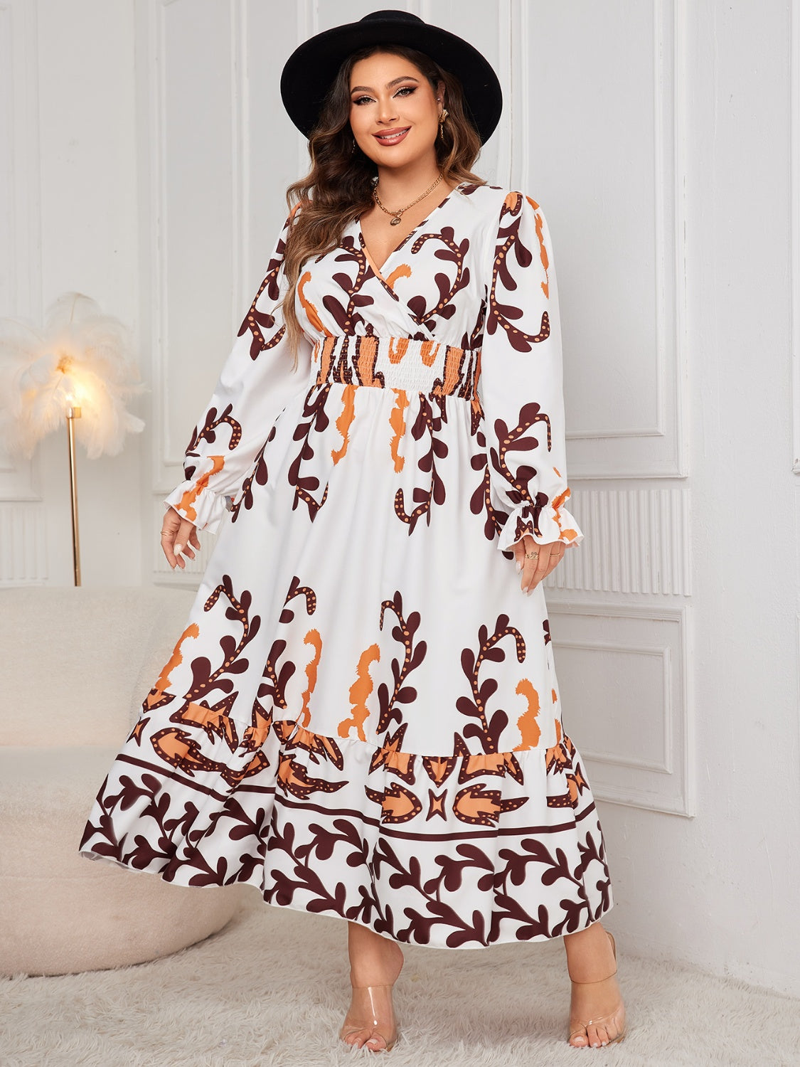 Plus Size Printed Surplice Flounce Sleeve Dress Maxi Dresses JT's Designer Fashion