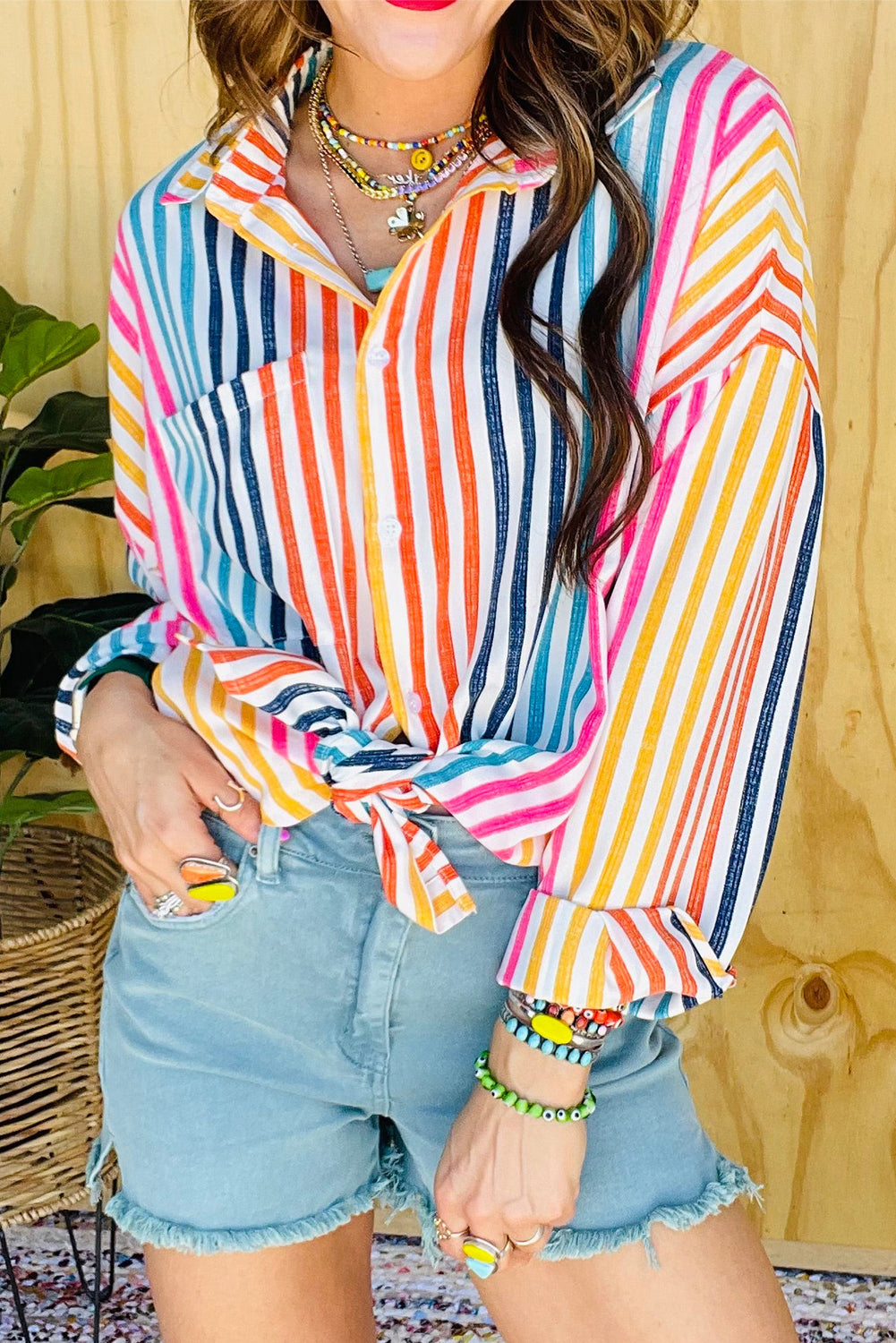 Orange Stripe Colorful Patch Pocket Long Sleeve Shirt Tops & Tees JT's Designer Fashion