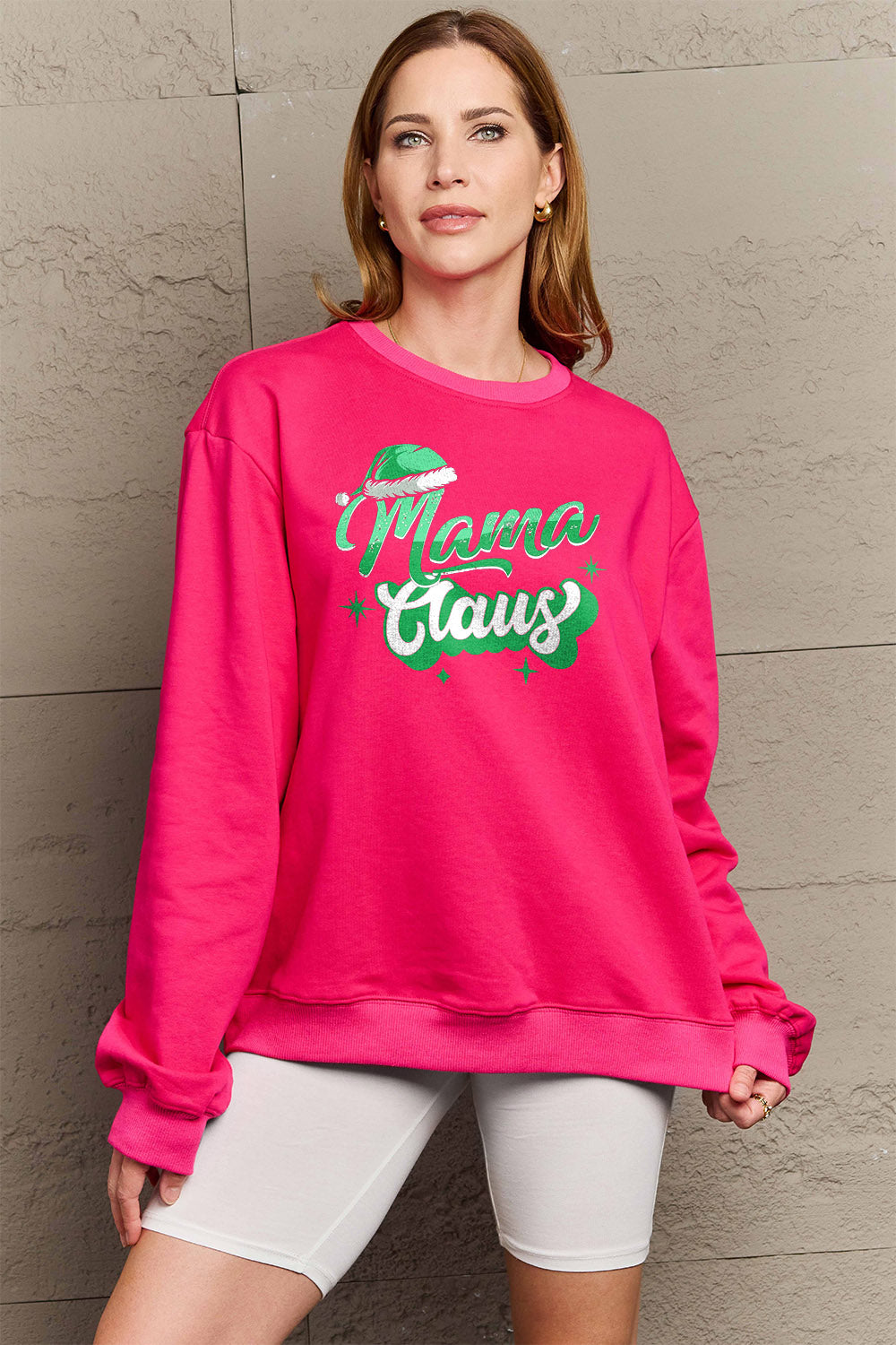 Full Size MAMA CLAUS Round Neck Sweatshirt Hot Pink Long Sleeve Tops JT's Designer Fashion